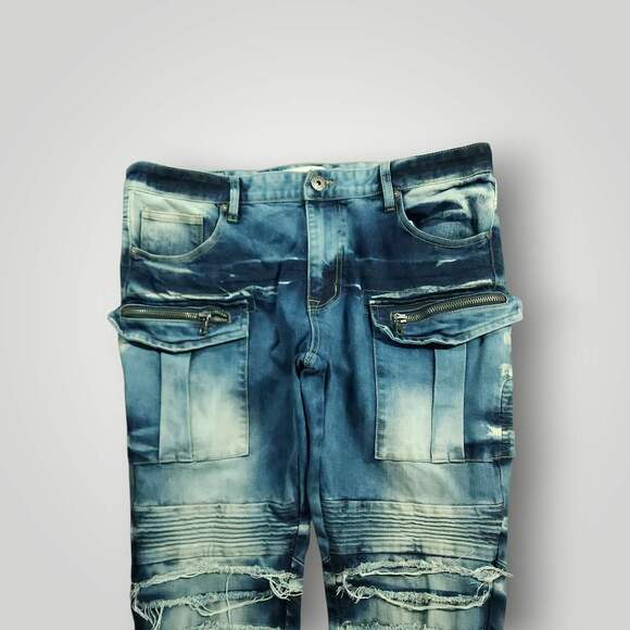 Smoke Rise Jeans Mens 38x34 Slim Straight Cargo Moto Ripped Acid Wash Distressed - Picture 3 of 9